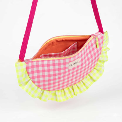 Bolso Media Luna con Volante Vichy Rosa y Lima artesanal, vista interior | Encantos
