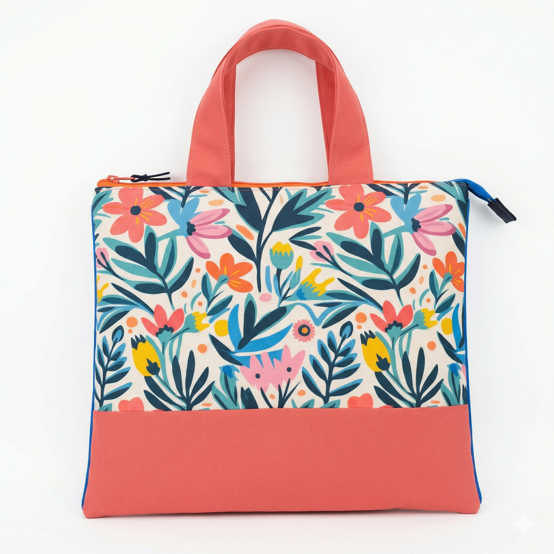 Bolso Tote Floral con Volante con diseño colorido de flores y hojas, asas anchas en tono coral, ideal para uso diario y ocasiones casuales.