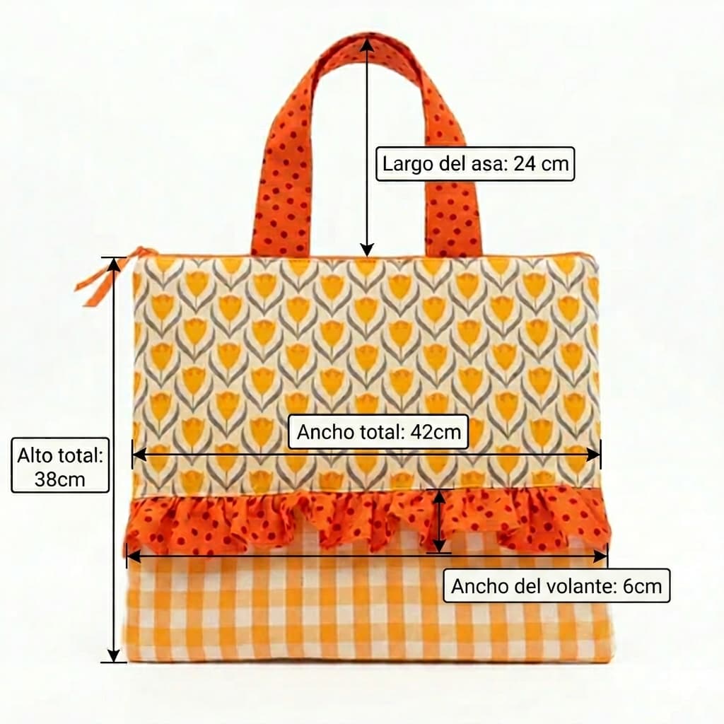 Bolso Tote Tulipanes con Volante de Lunares artesanal con estampado floral hecho a mano