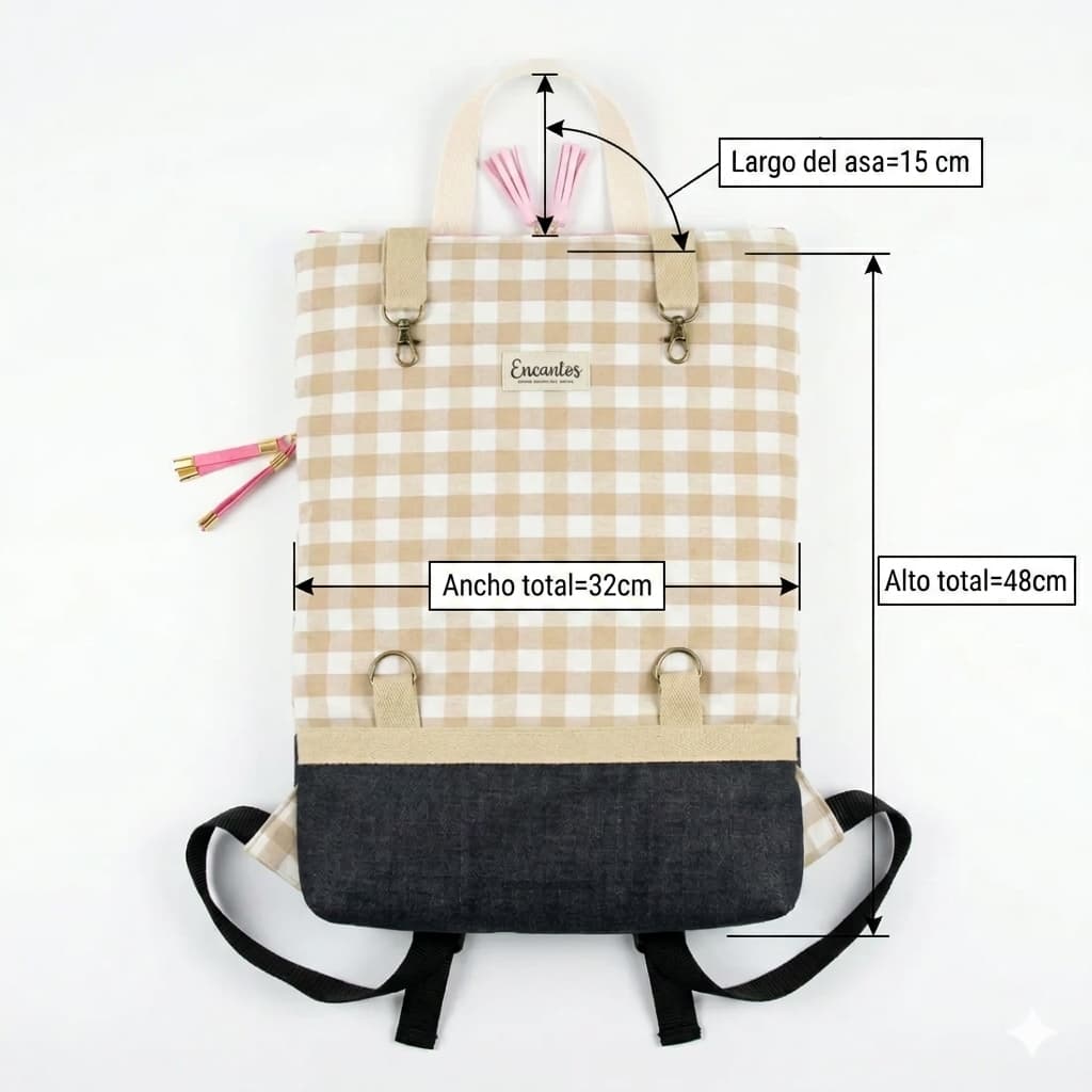 Mochila Vichy Rosa artesanal en tela vichy rosa con asas y correas ajustables
