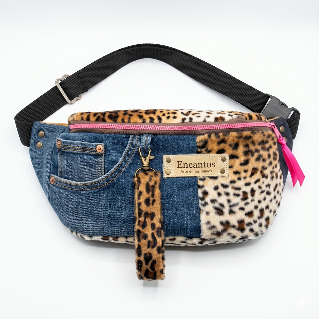 Riñonera artesanal Denim y Leopard Encantos - Vista frontal con bolsillo denim y cremallera fucsia