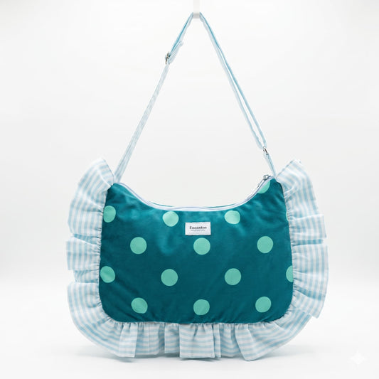 Bolso hobo con volantes lunares teal - vista frontal fondo blanco