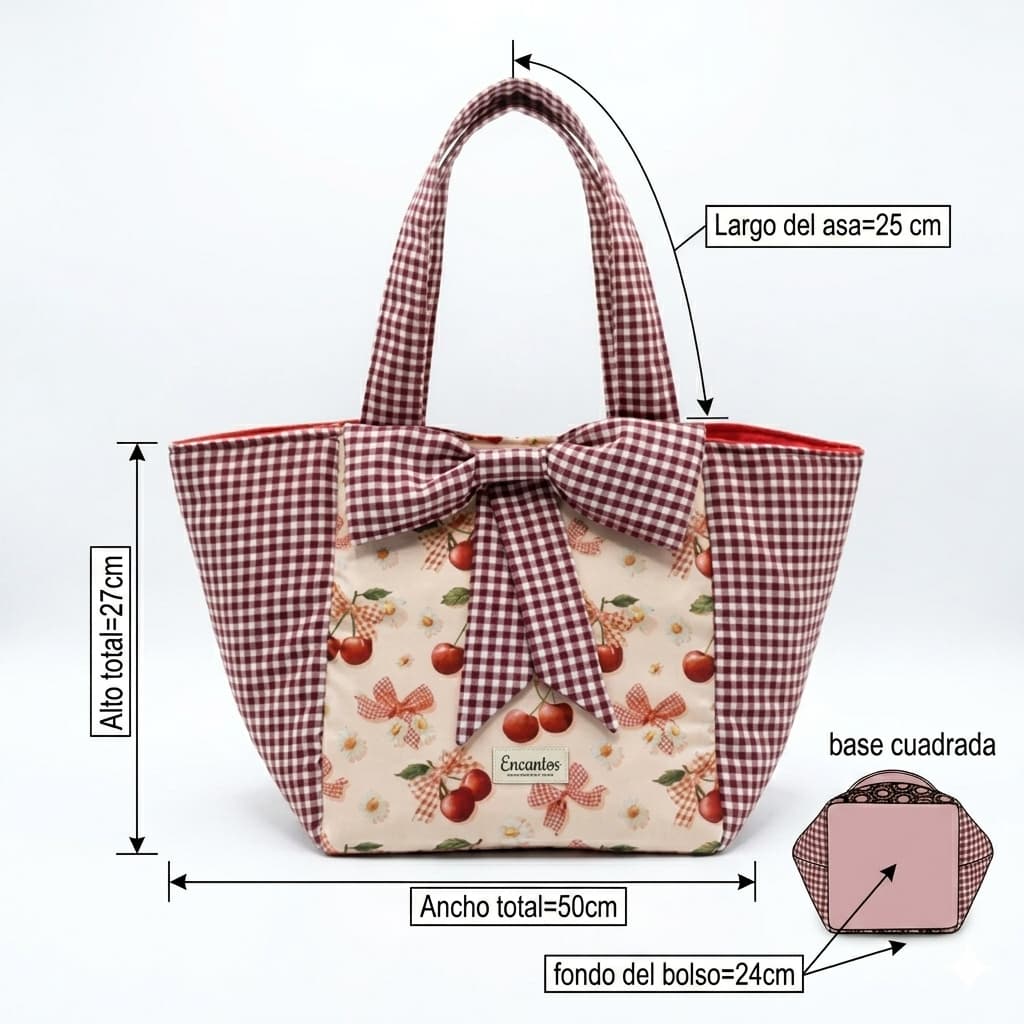 Bolso Tote Vichy Cerezas con Lazo artesanal en tela vichy con estampado de cerezas hecho a mano