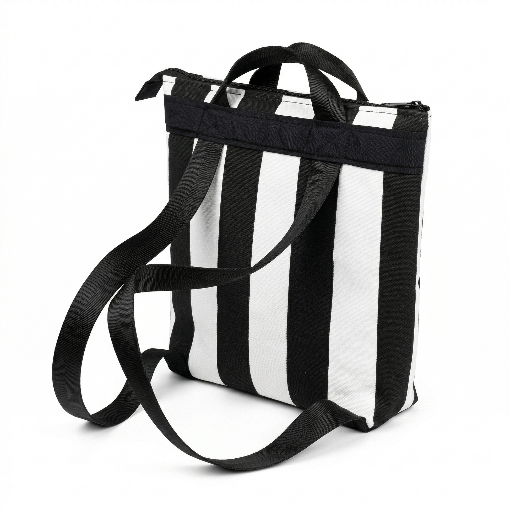 Bolso Tote Rayas Blanco y Negro 2 en 1 con diseño de rayas verticales, asas cortas y larga correa ajustable para llevar al hombro o mano de forma versátil y elegante.