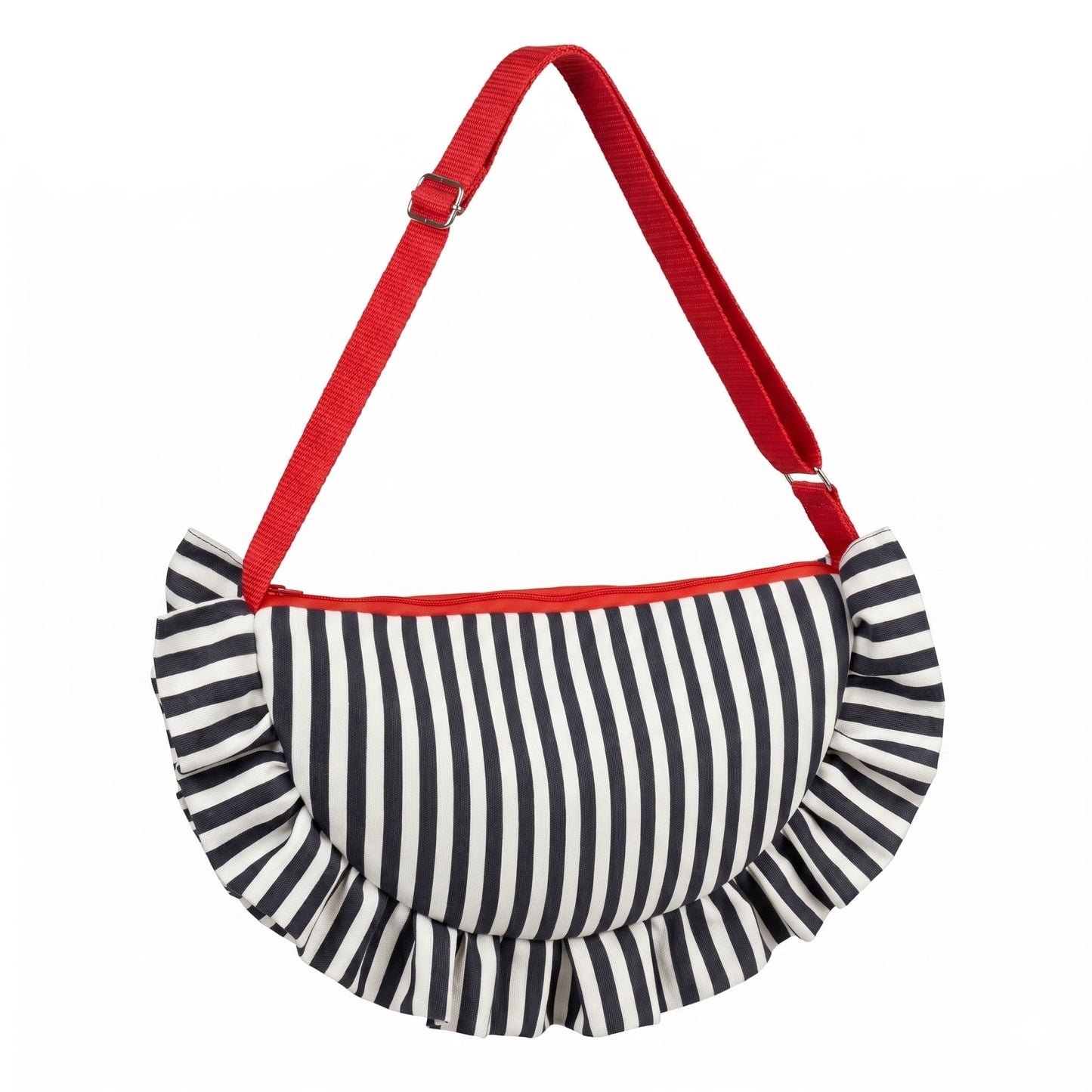 Bolso artesanal HALF MOON de Encantos, silueta media luna con volante perimetral en tela de rayas azul marino y blanco, asa larga regulable en rojo coral y cremallera roja