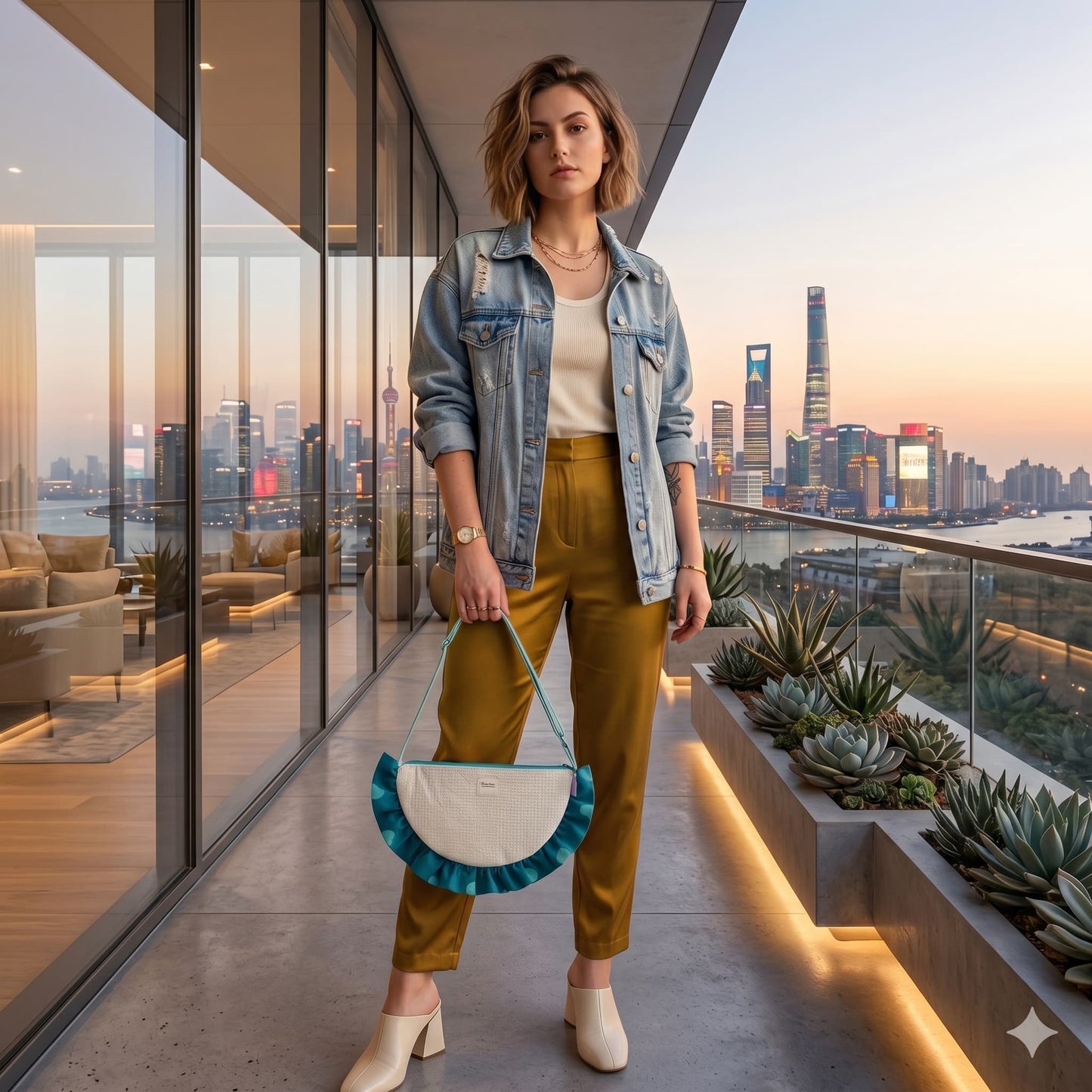 Bolso Media Luna Muselina Crema con Volante Lunares Teal - modelo lifestyle
