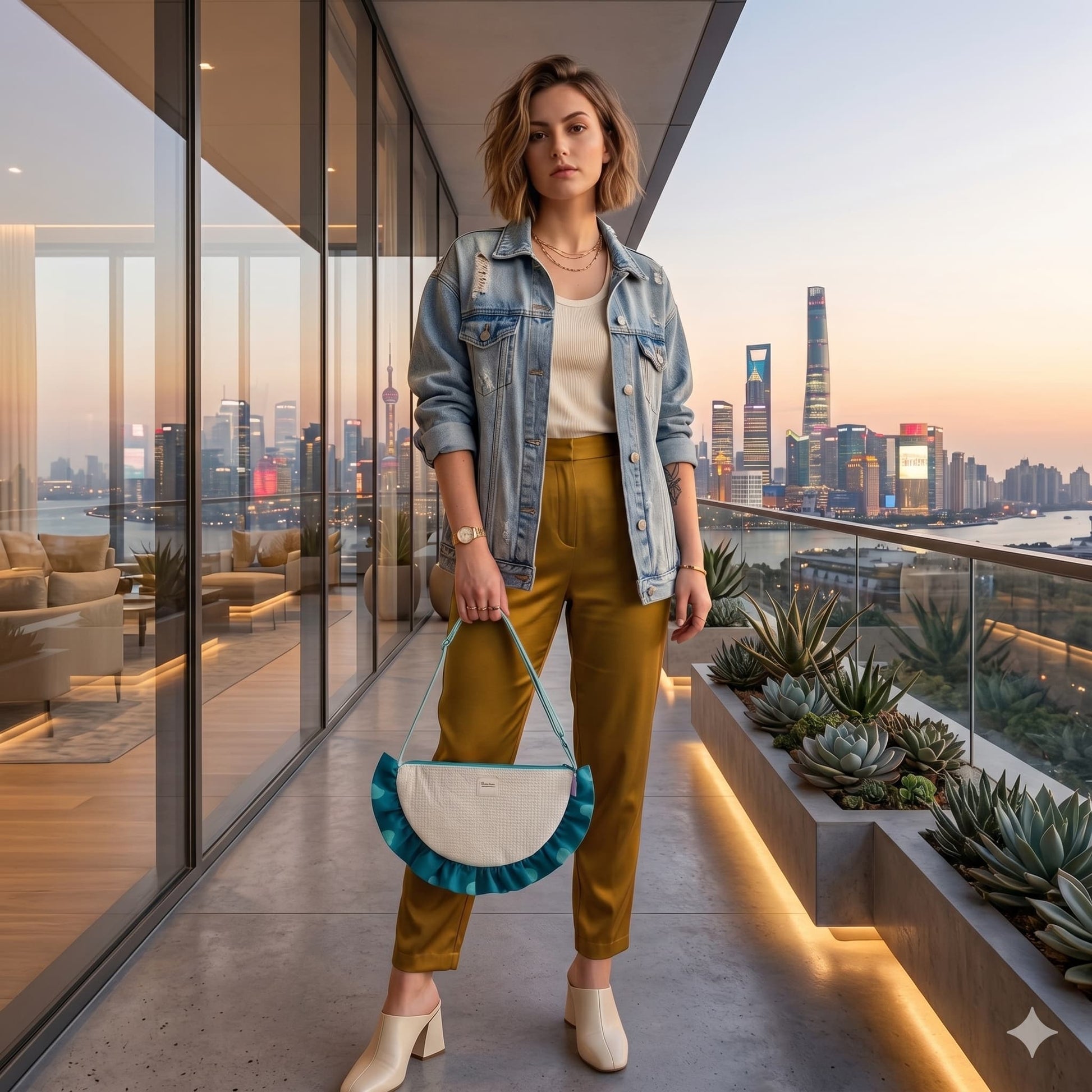 Bolso Media Luna Muselina Crema con Volante Lunares Teal - modelo lifestyle