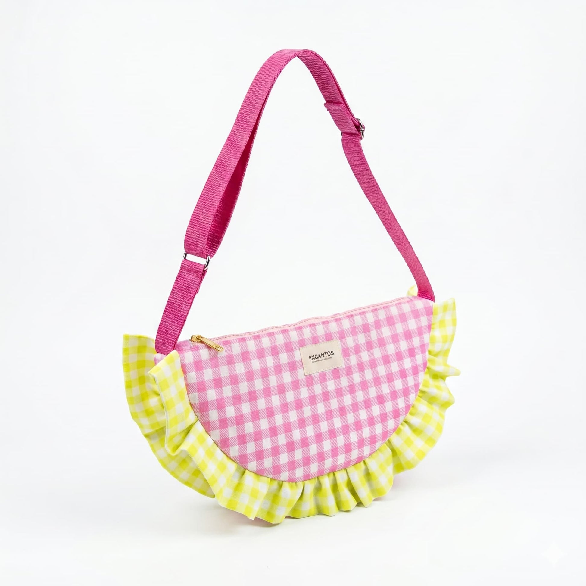 Bolso media luna vichy rosa con volante lima - detalle