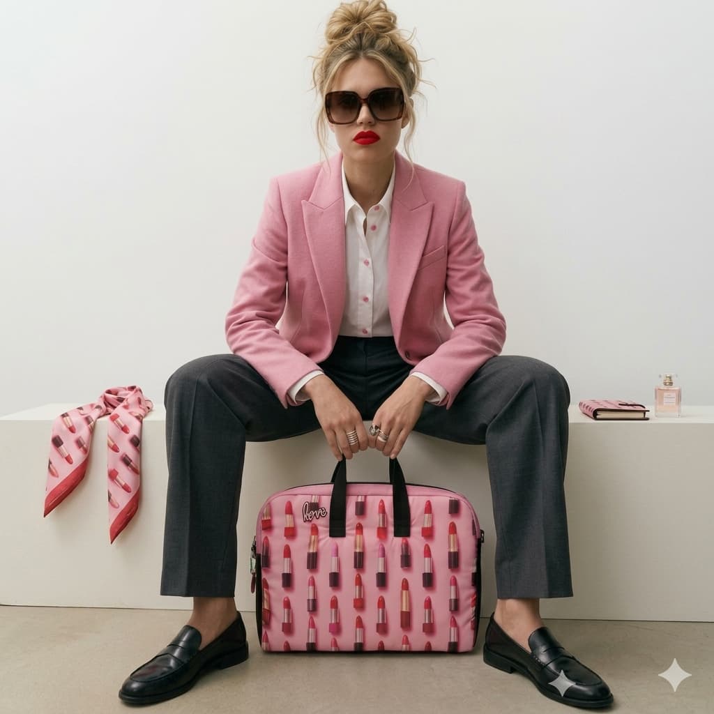 Mujer con blazer rosa, pantalones oscuros y labios rojos sostiene un Bolso Maletín Labiales Love con diseño de labiales rojos y asas negras.