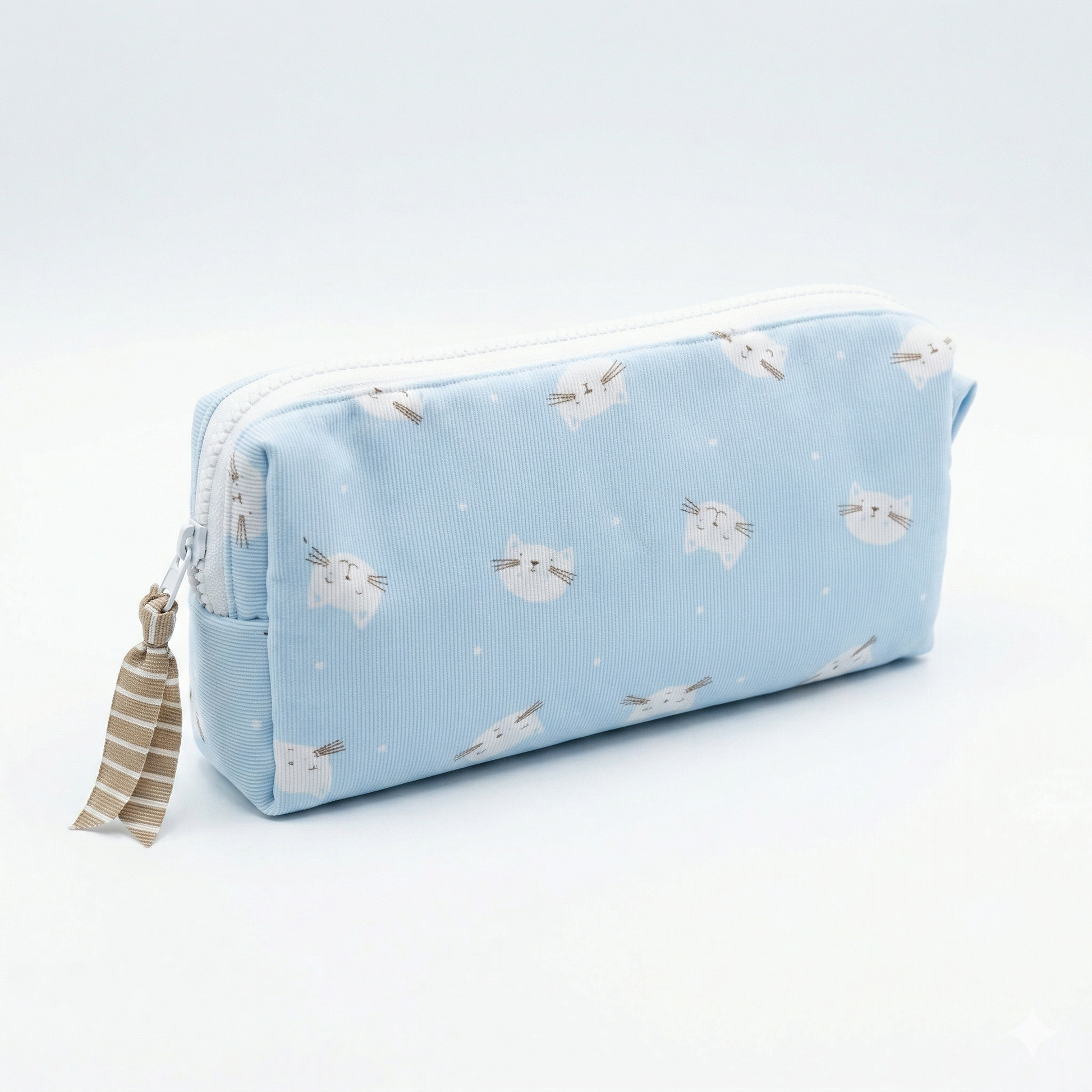Neceser Gatitos Azul Cielo con diseño de caritas de gatos en color azul claro y cierre blanco, ideal para organizar artículos pequeños.