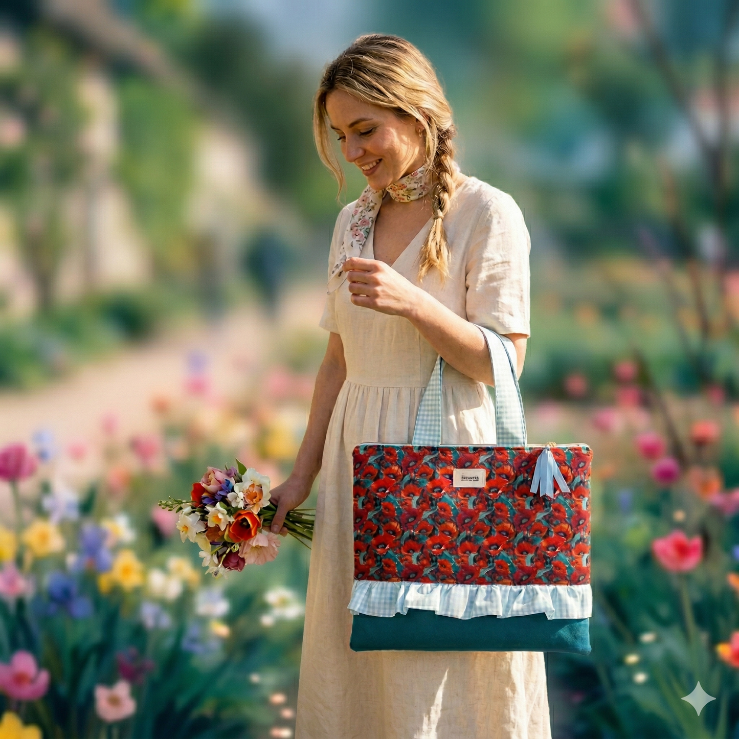 Mujer sonriente con vestido claro sostiene un ramo de flores y lleva el Bolso Cuquito con Amapolas y Volante en un campo lleno de flores coloridas.