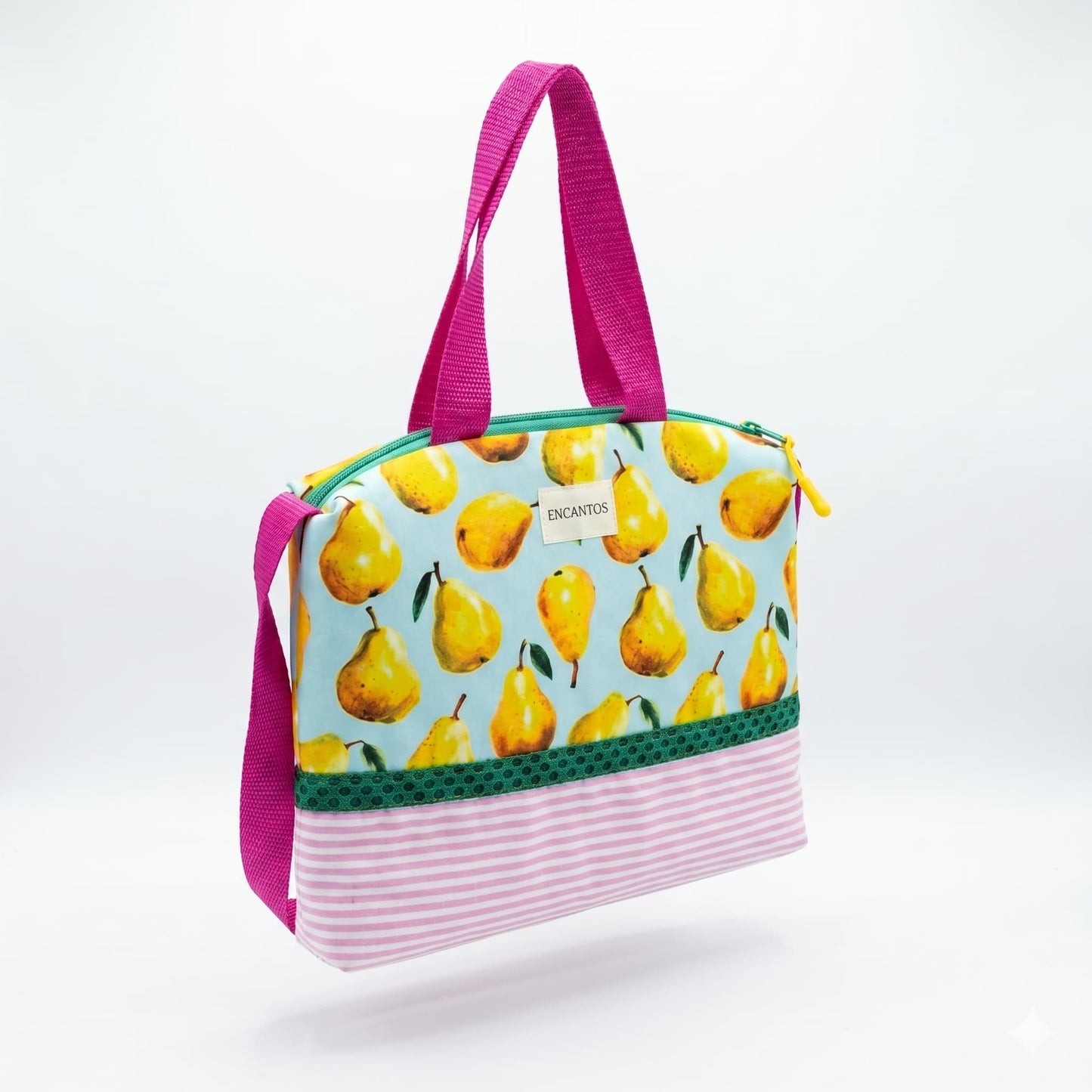Bolso tote peras azul celeste y rosa con asas fucsia – vista frontal