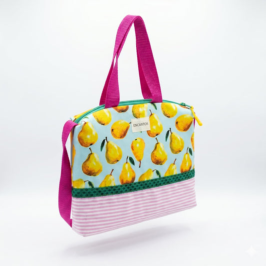Bolso tote peras azul celeste y rosa con asas fucsia – vista frontal