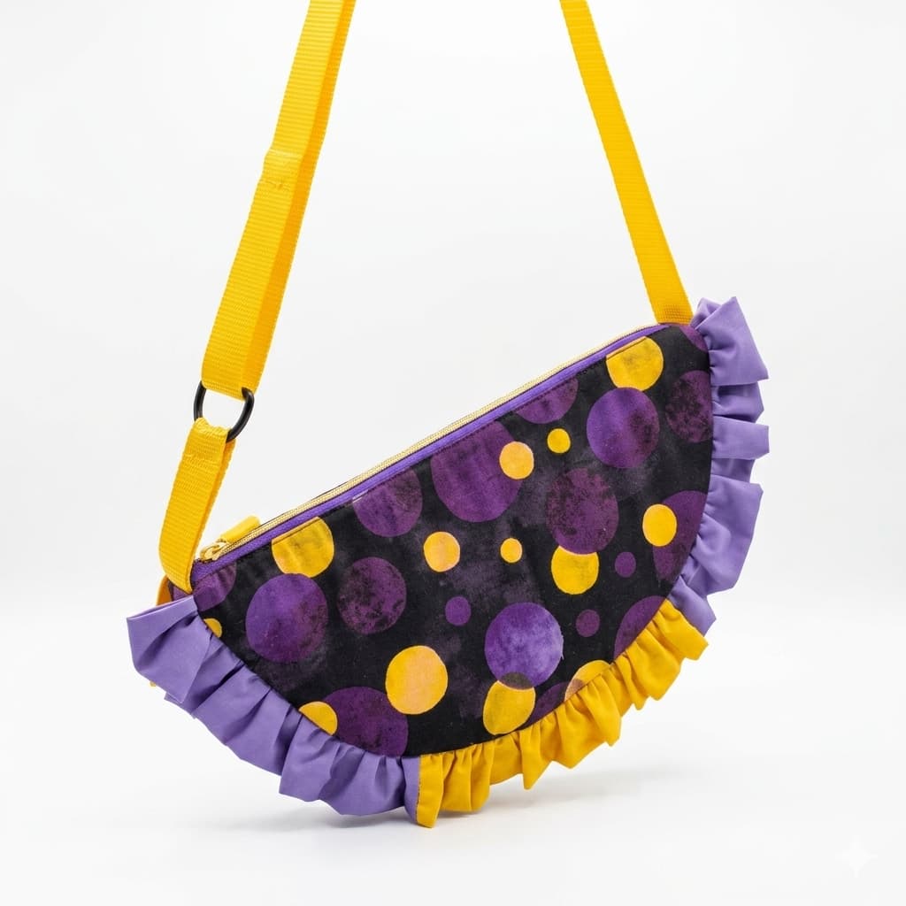 Bolso Media Luna Lunares Morado y Amarillo - vista lateral con correa amarilla regulable
