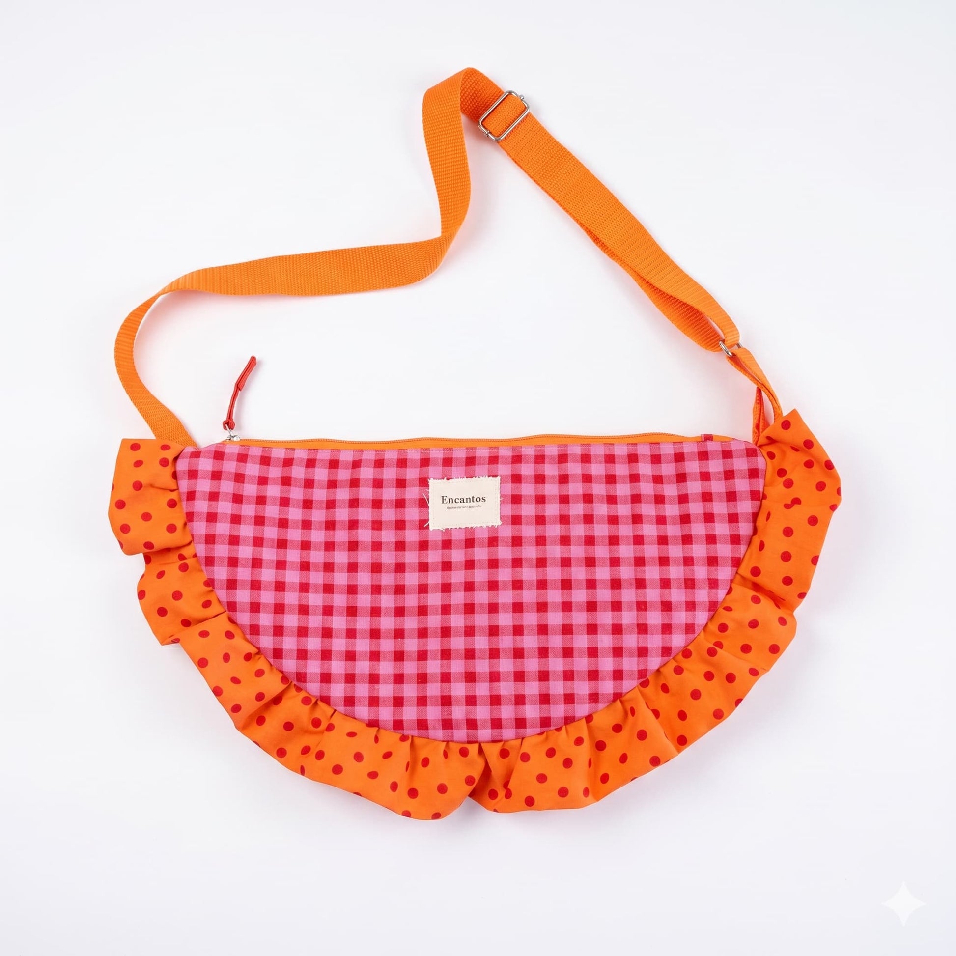 Bolso Media Luna Vichy Rosa con Volante Lunares Naranja - frontal