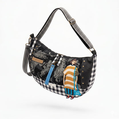 Bolso Luna Flores & Vichy Negro — Encantos con diseño combinado de flores y cuadros vichy, detalle de figura femenina y correa ajustable a rayas negras y blancas.