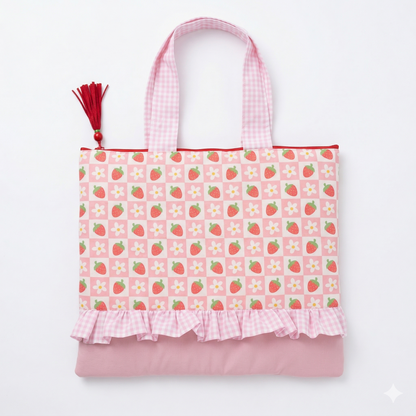 Bolso Tote Fresas y Margaritas con Volantes en tonos rosa con estampado de fresas y margaritas, asas de cuadros y detalle de volante en la parte inferior.