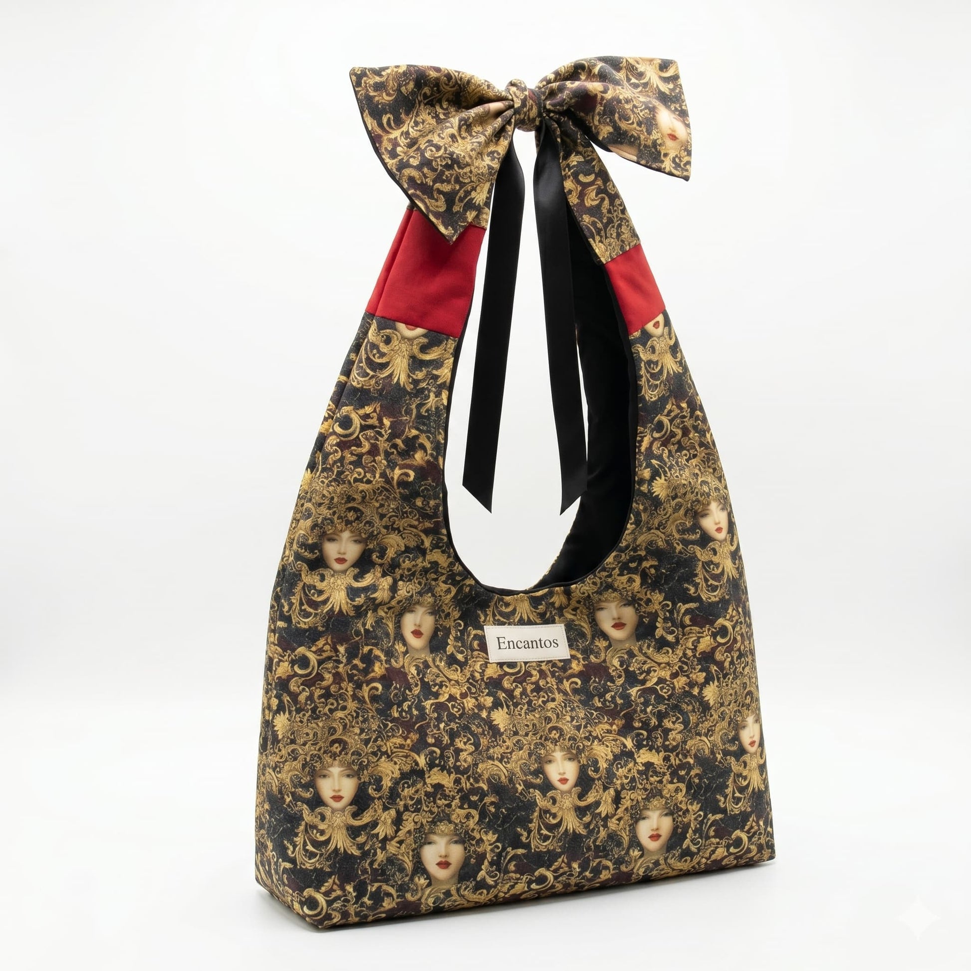 Bolso Hobo Estampado Barroco Dorado artesanal con estampado barroco en dorado, vista frontal | Encantos
