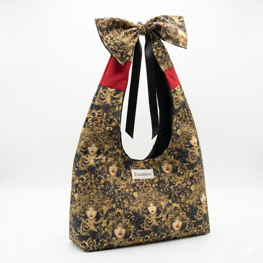 Bolso Hobo Estampado Barroco Dorado artesanal con estampado barroco en dorado, vista frontal | Encantos
