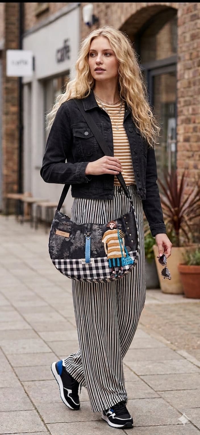 Mujer caminando en la calle con chaqueta negra y pantalón de rayas, lleva colgado el Bolso Luna Flores & Vichy Negro — Encantos decorado con estampado floral y cuadros vichy.