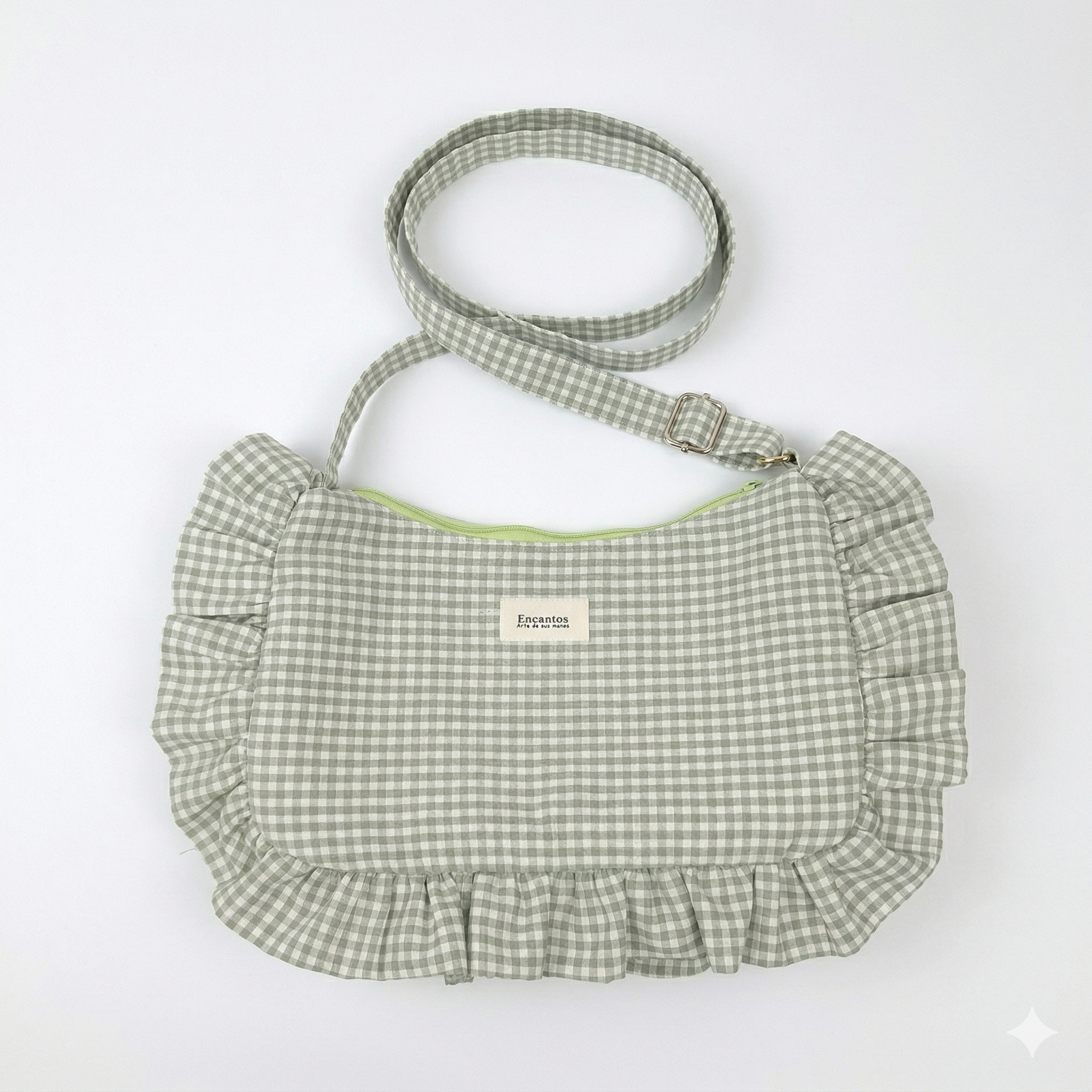 Bolso Hobo Gingham con Volantes en tela de cuadros vichy verde claro con volantes y correa ajustable, diseño femenino y elegante para uso diario.