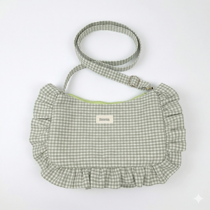 Bolso Hobo Gingham con Volantes en tela de cuadros vichy verde claro con volantes y correa ajustable, diseño femenino y elegante para uso diario.