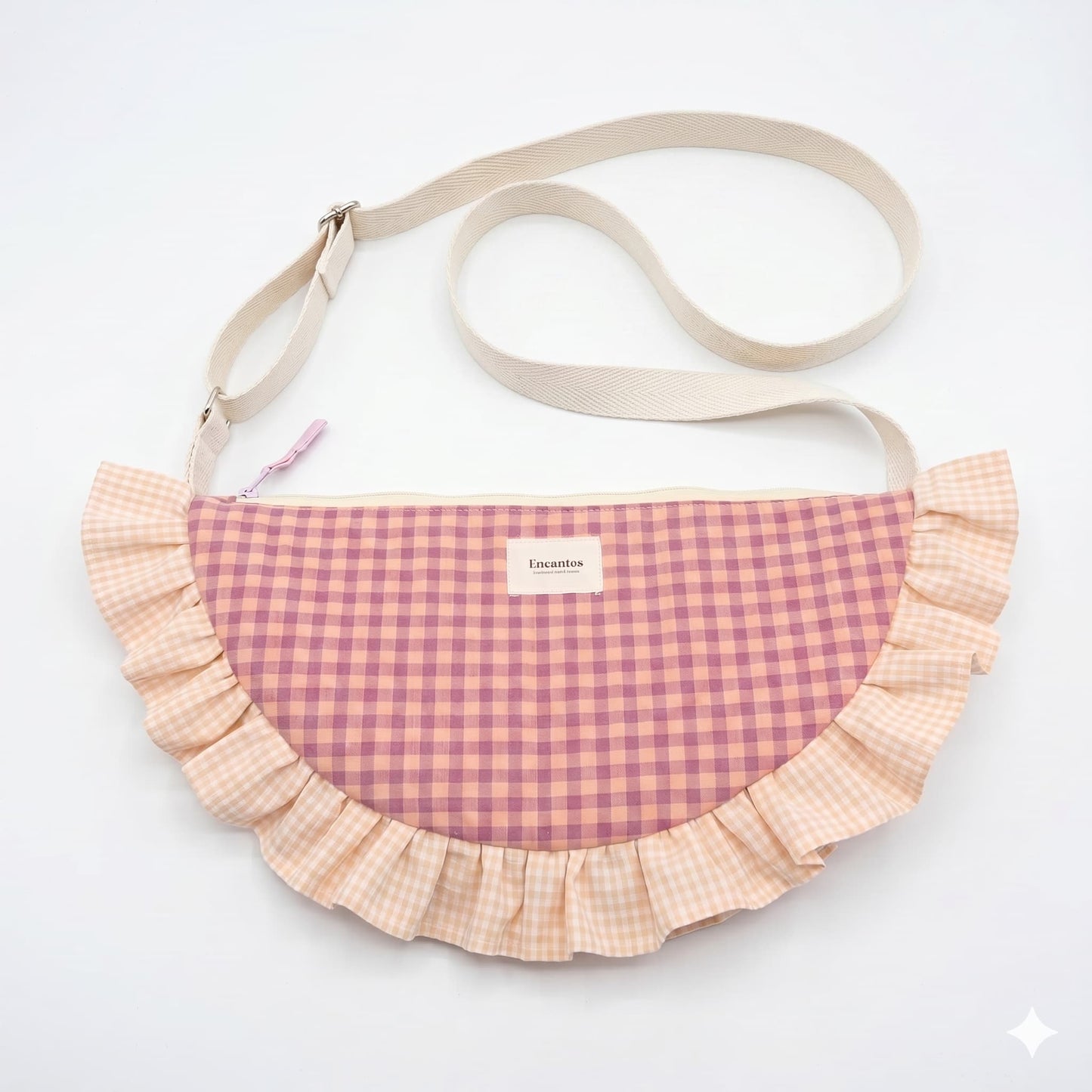 Bolso Media Luna Vichy Rosa Malva y Crema - frontal fondo blanco