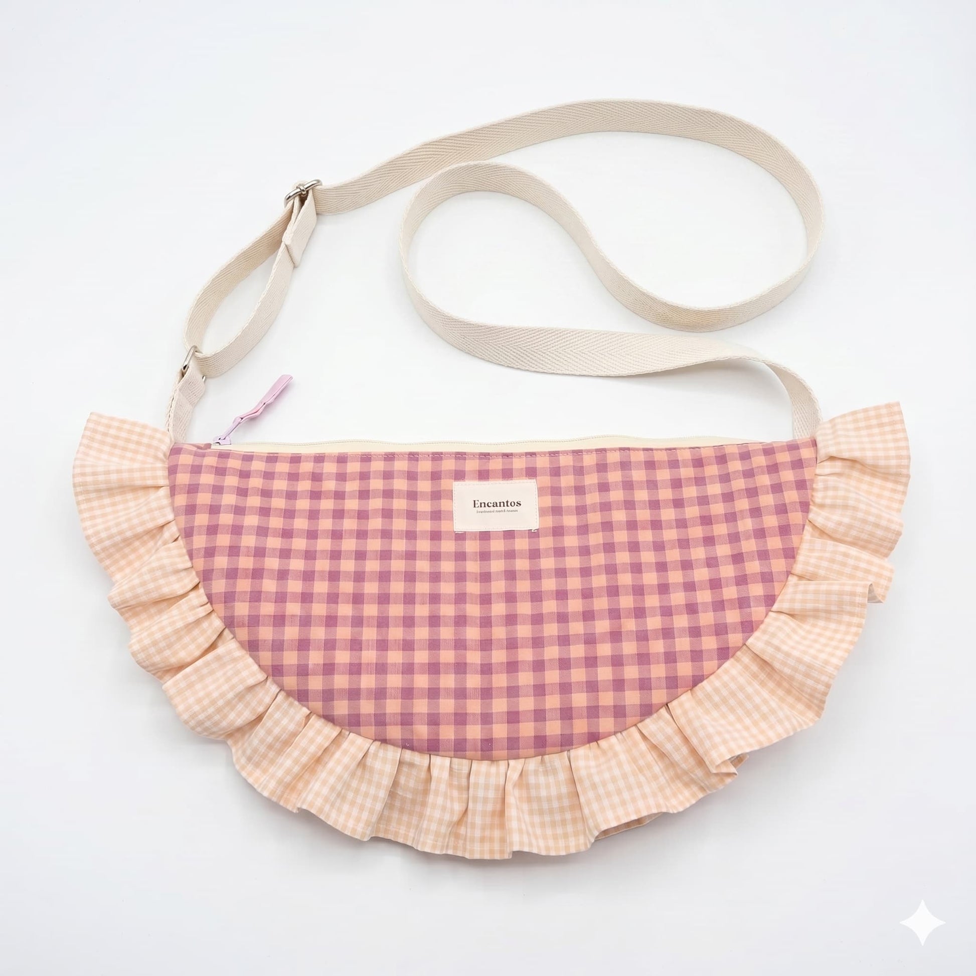 Bolso Media Luna Vichy Rosa Malva y Crema - frontal fondo blanco