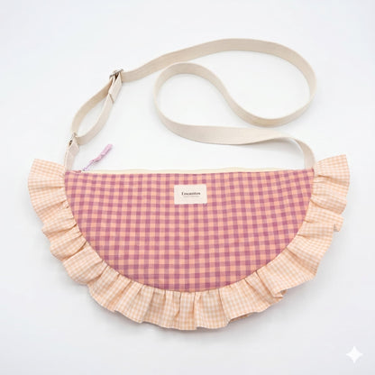 Bolso Media Luna Vichy Rosa Malva y Crema - frontal fondo blanco
