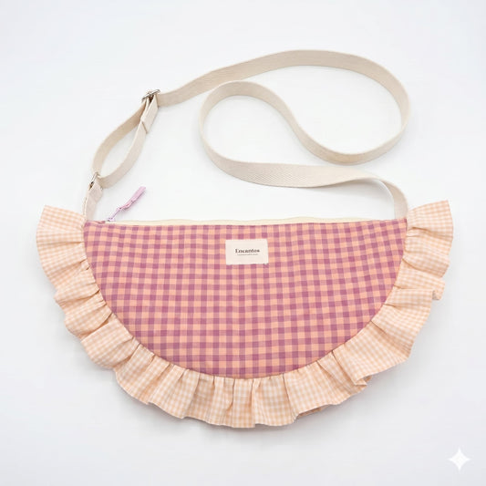Bolso Media Luna Vichy Rosa Malva y Crema - frontal fondo blanco