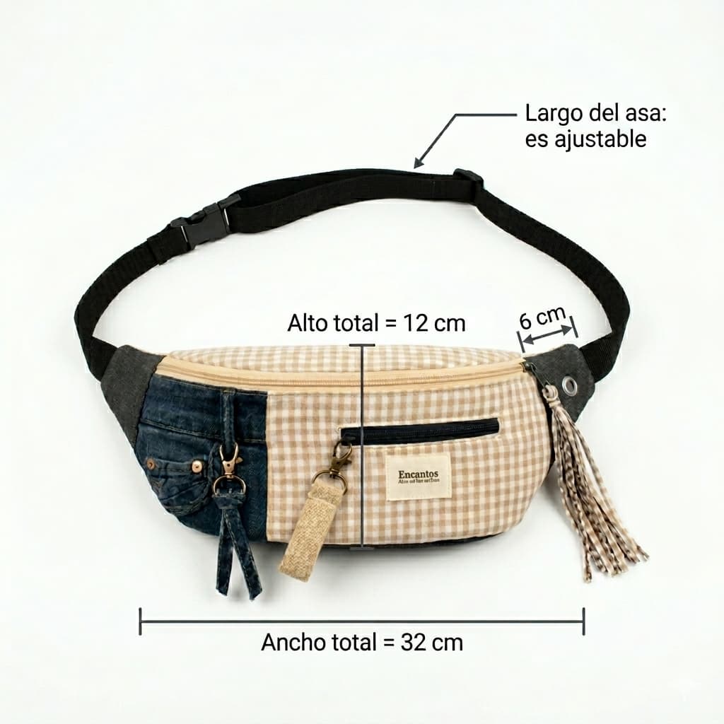Riñonera Gingham Denim con diseño combinado de tela gingham beige y detalles en mezclilla azul, cuenta con varios bolsillos y cierre con cremallera, estilo casual. Dimensiones y detalles