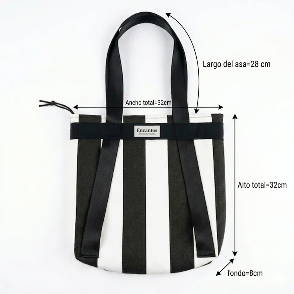 Bolso Tote Rayas Blanco y Negro 2 en 1 artesanal convertible en mochila hecho a mano