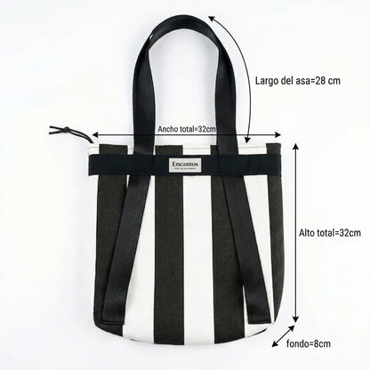 Bolso Tote Rayas Blanco y Negro 2 en 1 artesanal convertible en mochila hecho a mano