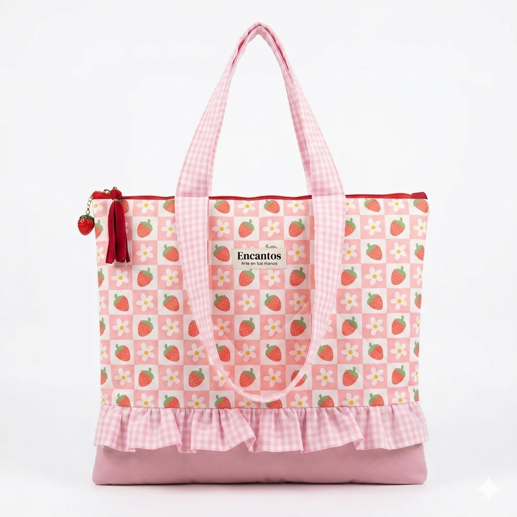 Bolso Tote Fresas y Margaritas con Volantes en tonos rosa y rojo, con estampado de fresas y margaritas, asas largas y volantín en la parte inferior.