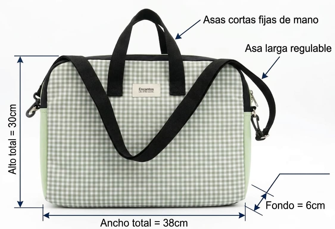 Bolso Laptop Vichy Verde con diseño cuadriculado verde y blanco, asas negras y correa ajustable para transporte cómodo y seguro de laptop. Dimensiones y detalles