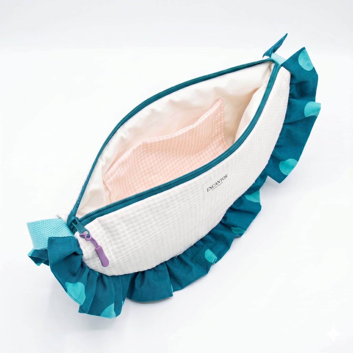 Bolso Media Luna Muselina Crema con Volante Lunares Teal - interior abierto