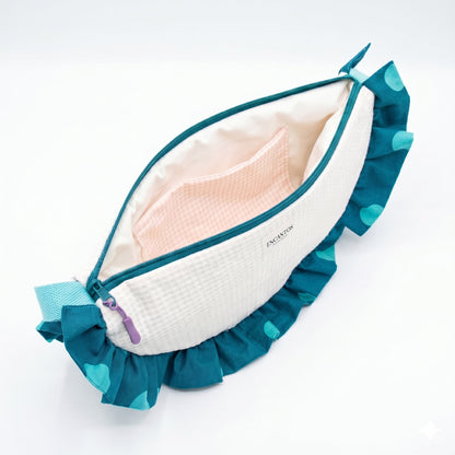Bolso Media Luna Muselina Crema con Volante Lunares Teal - interior abierto