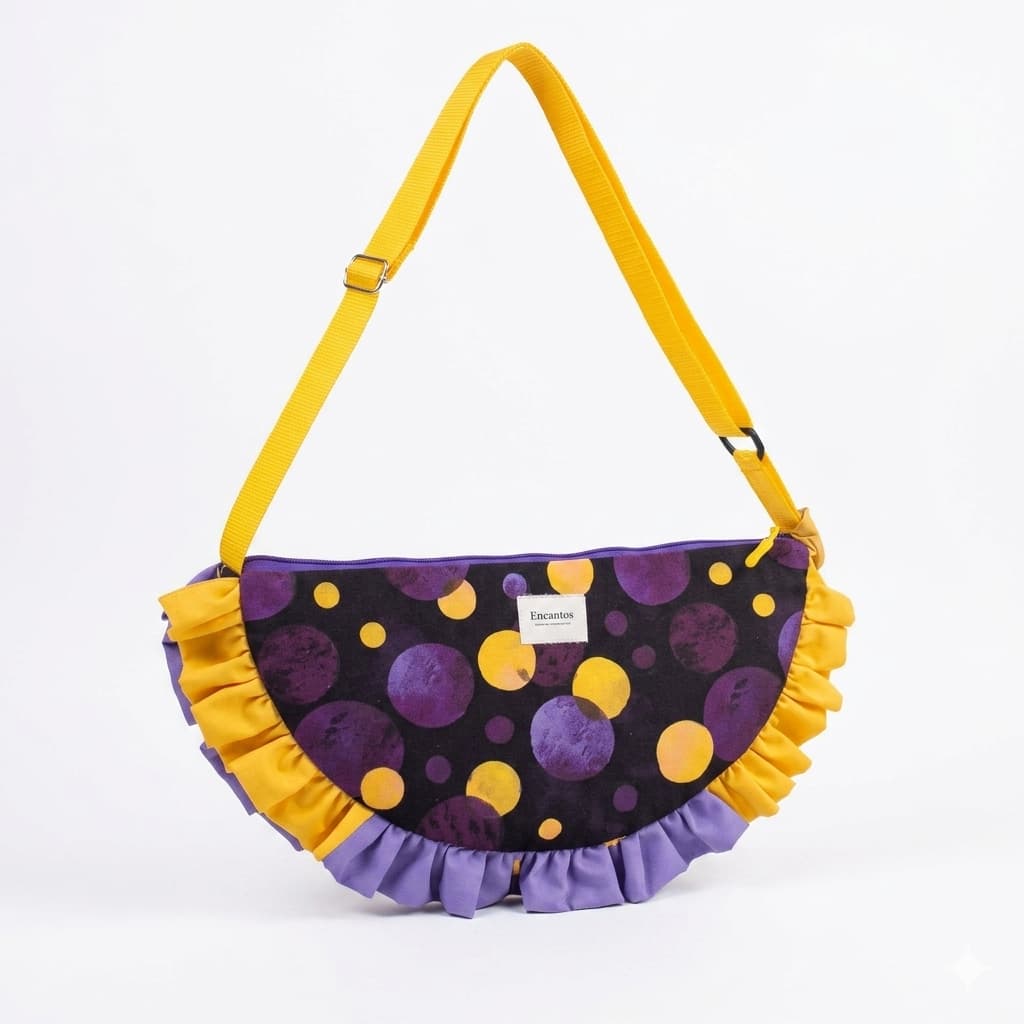 Bolso Media Luna Lunares Morado y Amarillo con Volante Encantos - vista frontal sobre fondo blanco