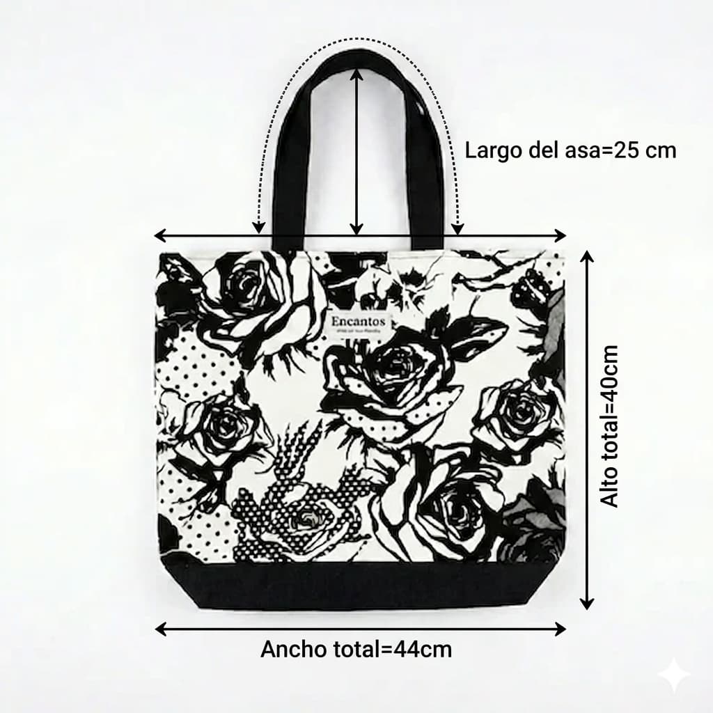 Bolso Tote Rosas Noir artesanal con estampado de rosas en negro hecho a mano