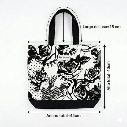 Bolso Tote Rosas Noir artesanal con estampado de rosas en negro hecho a mano