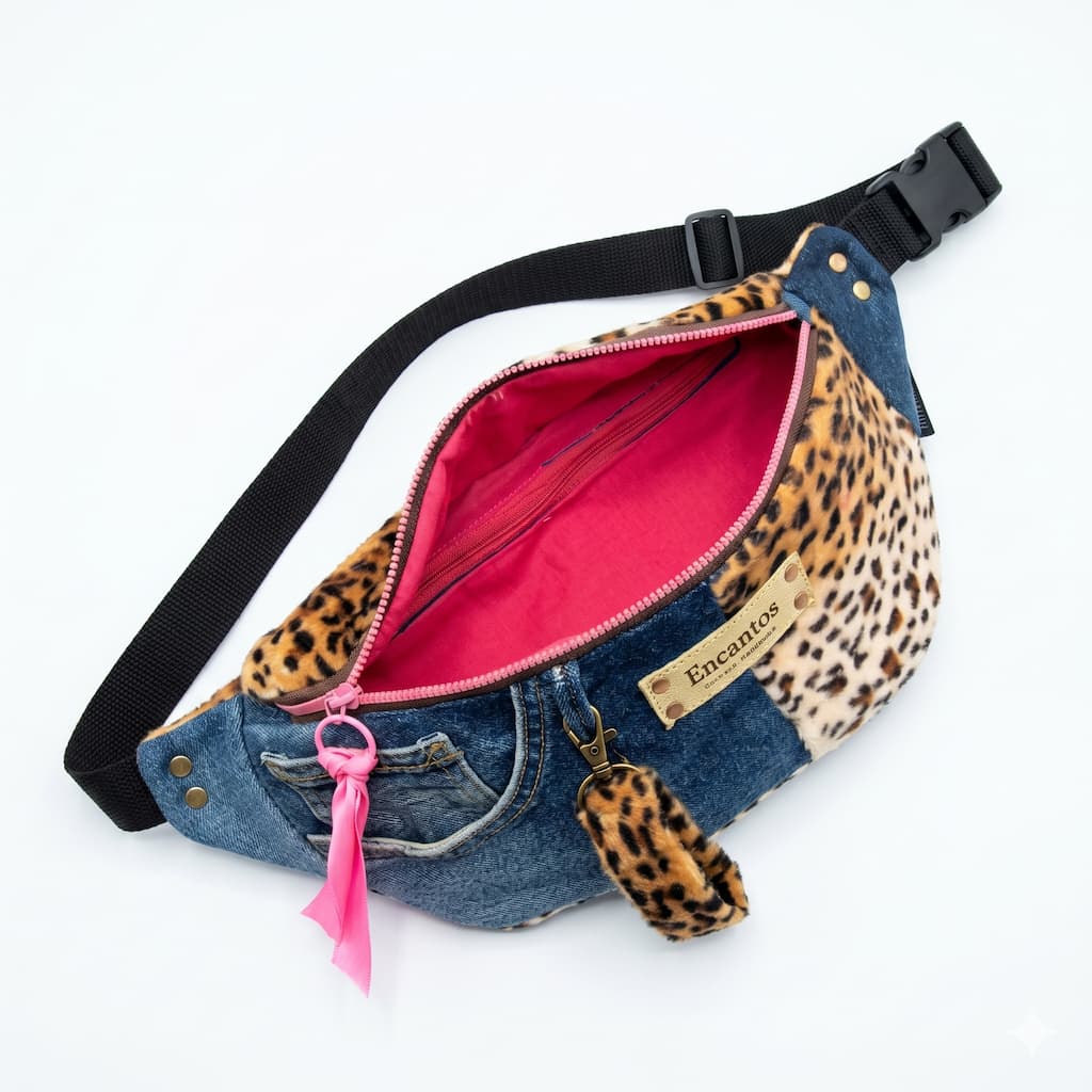 Riñonera Denim y Leopard Encantos - Interior abierto con forro fucsia y bolsillo denim