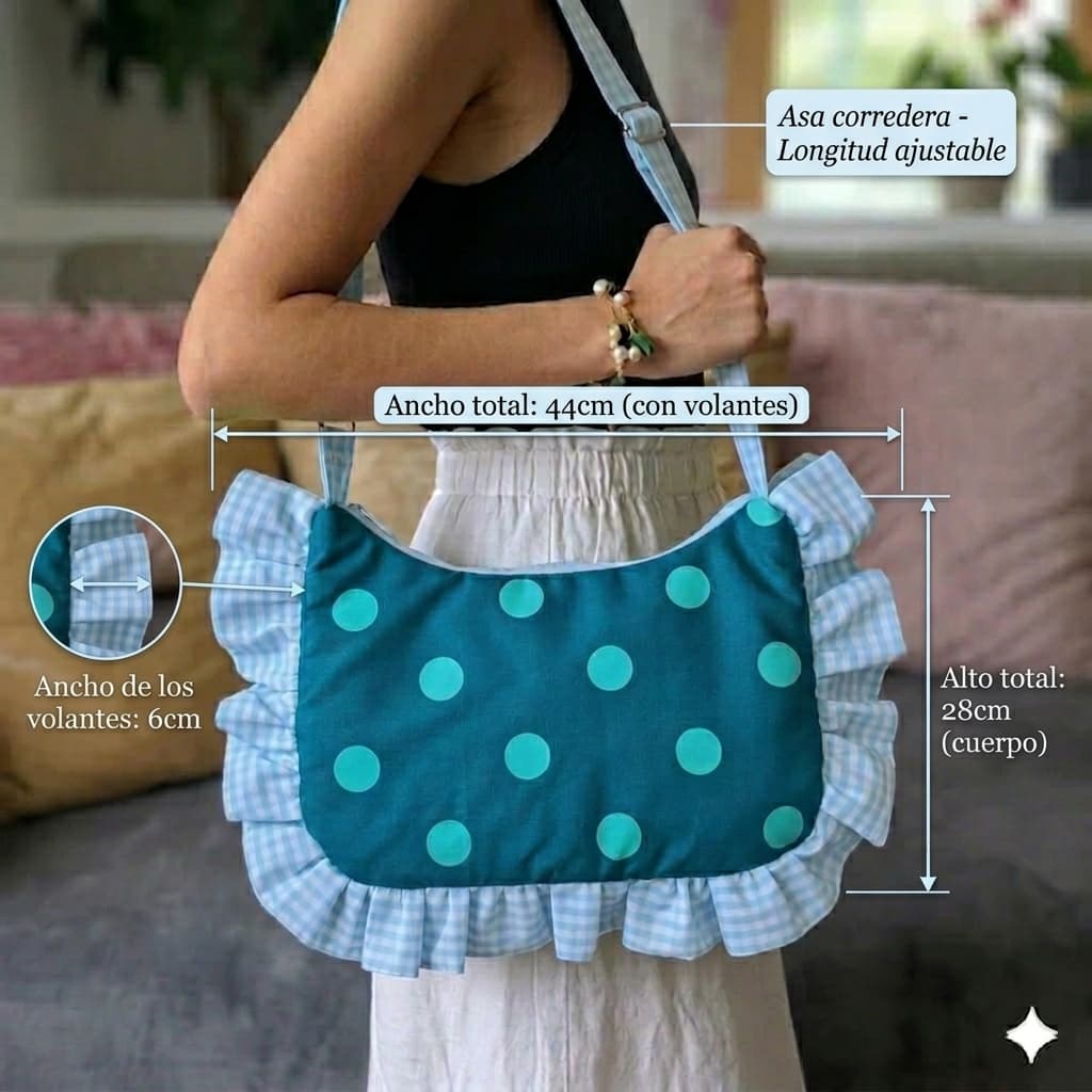 Bolso hobo con volantes lunares teal - medidas y detalles