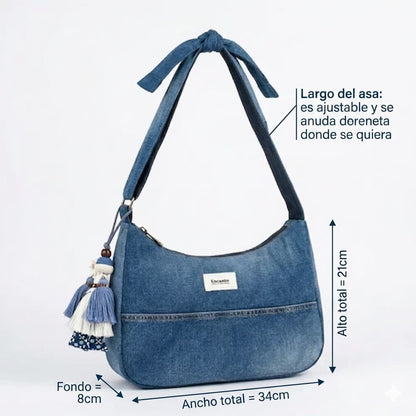 Bolso Denim con Lazo y Borlas artesanal en mezclilla azul con detalles de lazo y borlas decorativas | Encantos