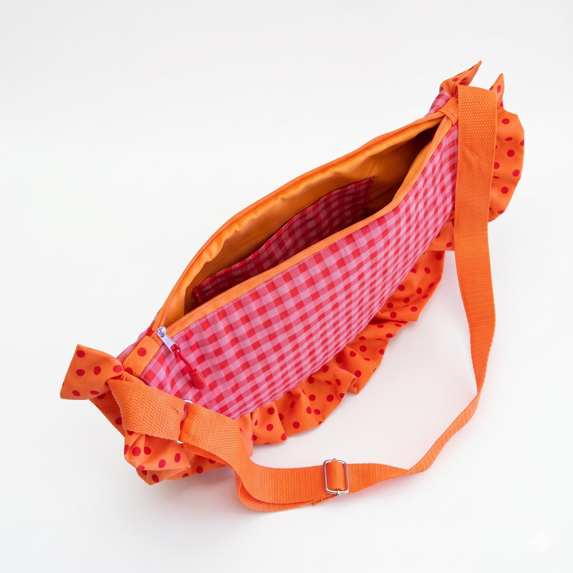 Bolso Media Luna Vichy Rosa con Volante Lunares Naranja - interior abierto
