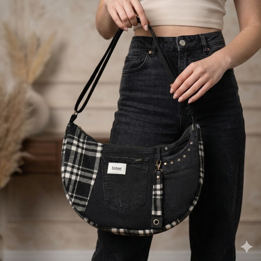 Bolso Luna Denim Tartan uso cruzado — pieza única artesanal — Encantos
