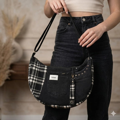 Bolso Luna Denim Tartan uso cruzado — pieza única artesanal — Encantos