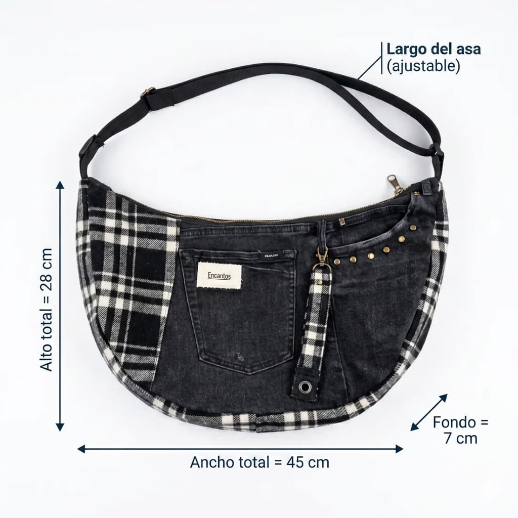 Bolso Luna Denim y Tartan artesanal en mezclilla con estampado tartan hecho a mano