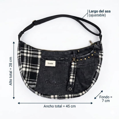 Bolso Luna Denim y Tartan artesanal en mezclilla con estampado tartan hecho a mano