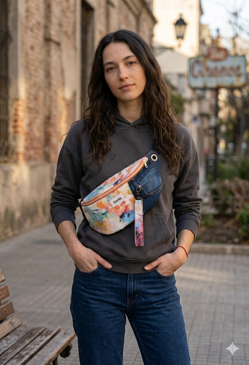 Mujer con suéter gris oscuro y jeans azules llevando una Riñonera Floral Denim con diseño de flores coloridas y detalle en mezclilla.