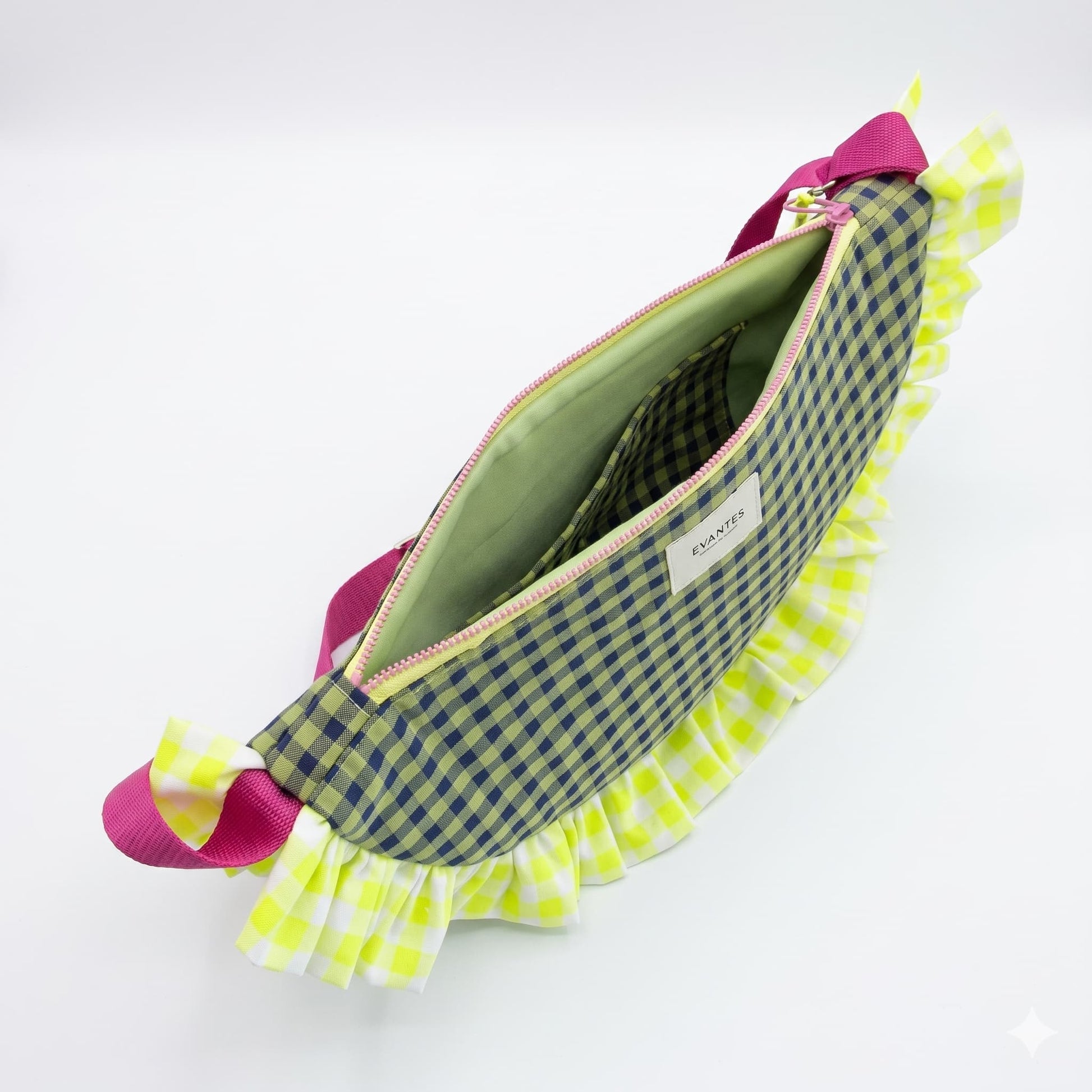 Bolso Media Luna Vichy Verde y Lima - interior abierto
